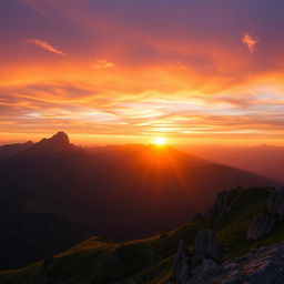 A breathtaking view of a sunrise over majestic mountains, with the sun casting golden rays that illuminate the peaks