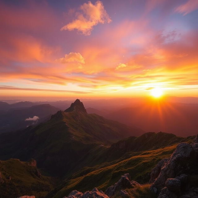 A breathtaking view of a sunrise over majestic mountains, with the sun casting golden rays that illuminate the peaks