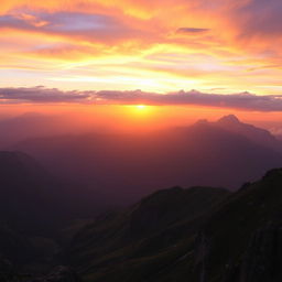 A breathtaking view of a sunrise over majestic mountains, with the sun casting golden rays that illuminate the peaks