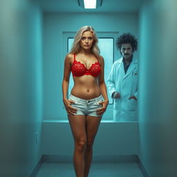 A striking scene showcasing a beautiful, curvy 18-year-old blonde girl standing confidently in the center of a small isolation room
