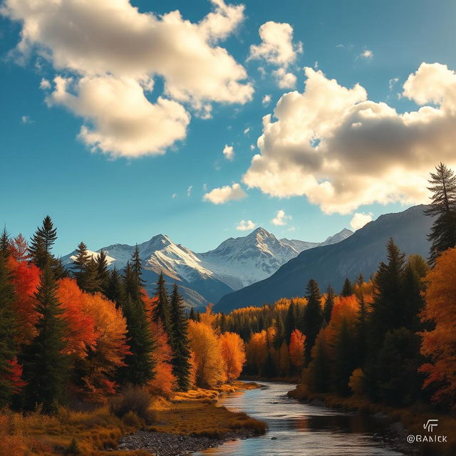 A breathtaking landscape featuring majestic mountains in the background, adorned with a lush forest of various trees at the base, including tall pines and vibrant autumn maples