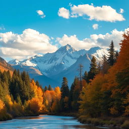 A breathtaking landscape featuring majestic mountains in the background, adorned with a lush forest of various trees at the base, including tall pines and vibrant autumn maples