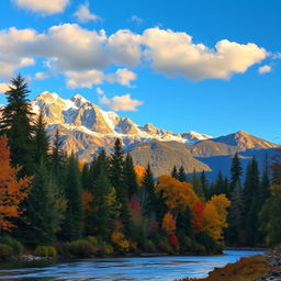 A breathtaking landscape featuring majestic mountains in the background, adorned with a lush forest of various trees at the base, including tall pines and vibrant autumn maples