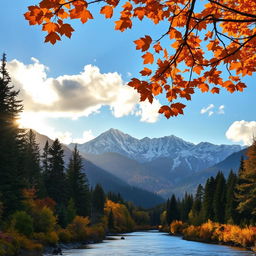 A breathtaking landscape featuring majestic mountains in the background, adorned with a lush forest of various trees at the base, including tall pines and vibrant autumn maples