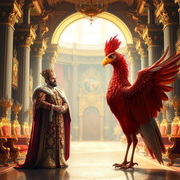 A lavish royal palace interior with grand architecture, featuring a majestic king dressed in ornate regal attire, richly decorated robes adorned with gold and gems