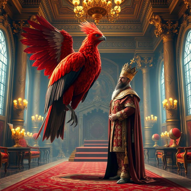 A lavish royal palace interior with grand architecture, featuring a majestic king dressed in ornate regal attire, richly decorated robes adorned with gold and gems