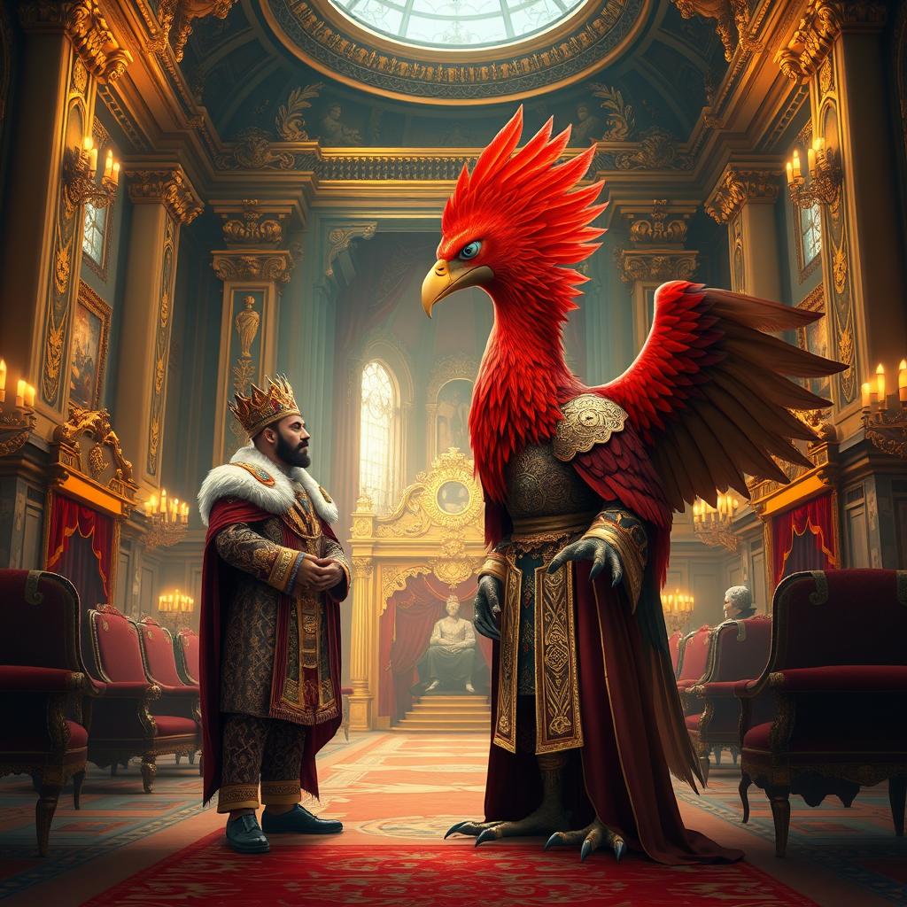 A lavish royal palace interior with grand architecture, featuring a majestic king dressed in ornate regal attire, richly decorated robes adorned with gold and gems