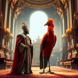 A lavish royal palace interior with grand architecture, featuring a majestic king dressed in ornate regal attire, richly decorated robes adorned with gold and gems