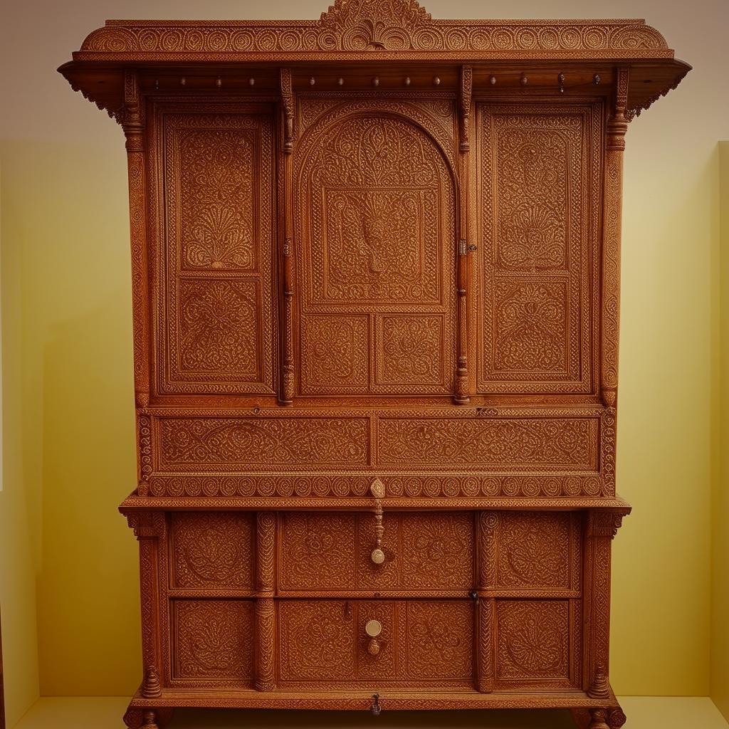 A wooden almirah (wardrobe) with intricate Bengali designs, showcasing the cultural richness and fine craftsmanship of Bengal