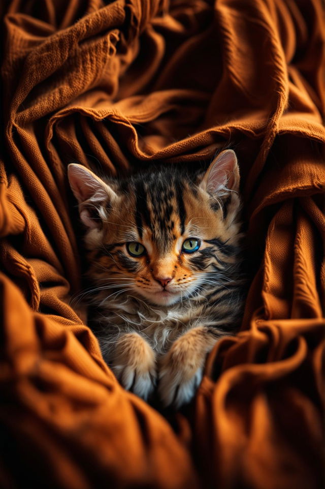 A high-definition photograph of the cutest kitten wrapped in warm blankets