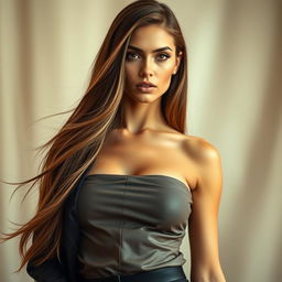 A stunning female model with striking features, posing elegantly against a soft, blurred background