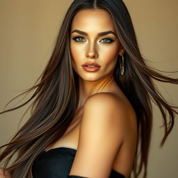 A stunning female model with striking features, posing elegantly against a soft, blurred background