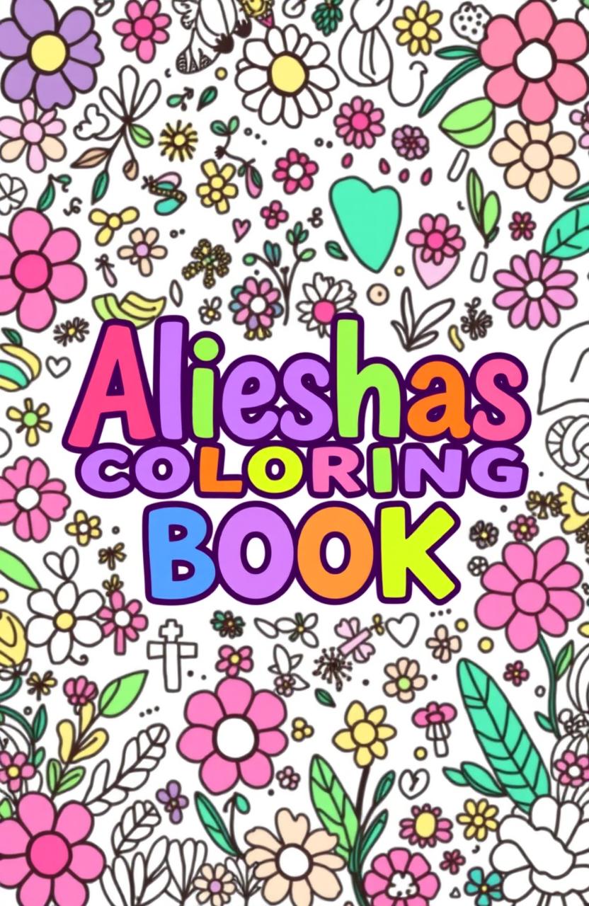 A whimsical and playful coloring book cover design featuring the title "Alieshas Coloring Book" in bold, colorful letters