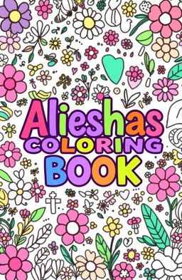 A whimsical and playful coloring book cover design featuring the title "Alieshas Coloring Book" in bold, colorful letters