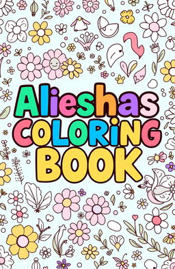 A whimsical and playful coloring book cover design featuring the title "Alieshas Coloring Book" in bold, colorful letters