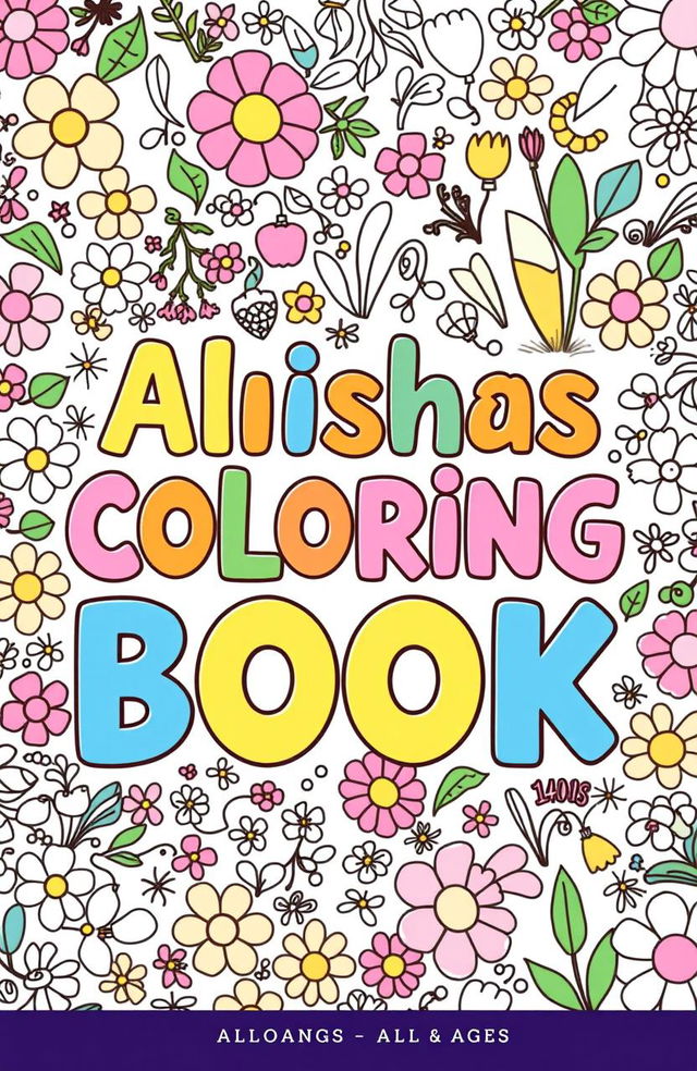 A whimsical and playful coloring book cover design featuring the title "Alieshas Coloring Book" in bold, colorful letters