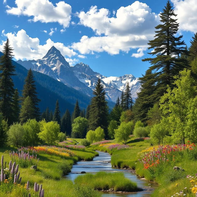 A serene landscape featuring majestic trees and towering mountains in the background