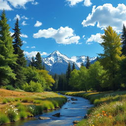A serene landscape featuring majestic trees and towering mountains in the background