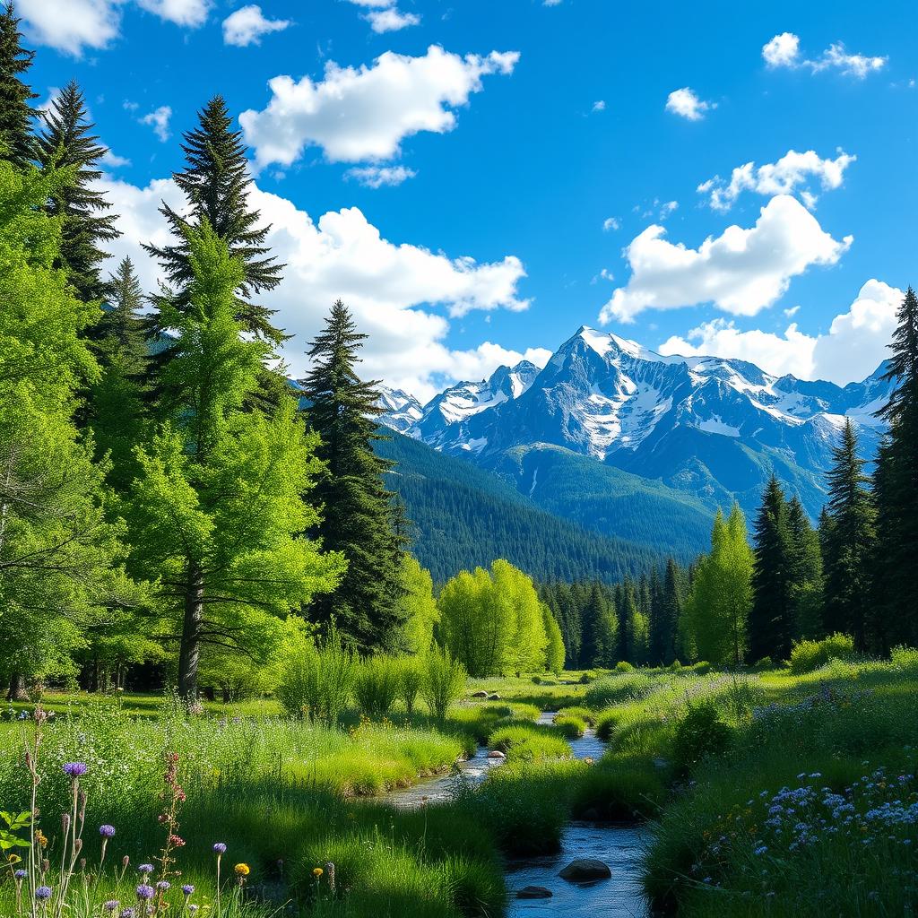 A serene landscape featuring majestic trees and towering mountains in the background