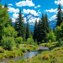 A serene landscape featuring majestic trees and towering mountains in the background