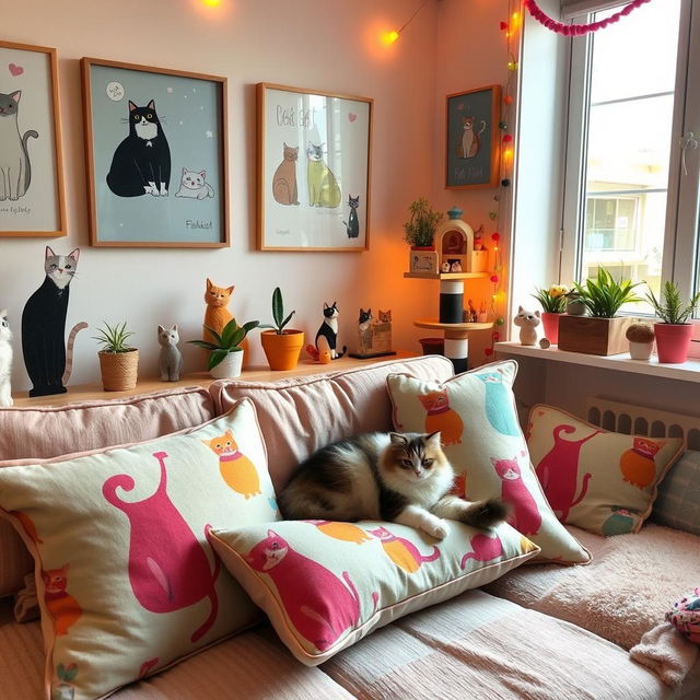 A beautifully decorated cat-themed room featuring plush cushions with vibrant cat patterns, whimsical cat artwork on the walls, and a cozy cat tower in the corner