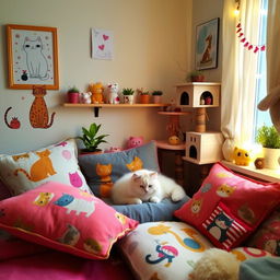 A beautifully decorated cat-themed room featuring plush cushions with vibrant cat patterns, whimsical cat artwork on the walls, and a cozy cat tower in the corner