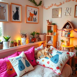 A beautifully decorated cat-themed room featuring plush cushions with vibrant cat patterns, whimsical cat artwork on the walls, and a cozy cat tower in the corner