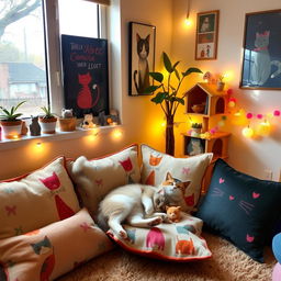 A beautifully decorated cat-themed room featuring plush cushions with vibrant cat patterns, whimsical cat artwork on the walls, and a cozy cat tower in the corner