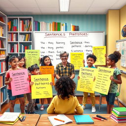 An artistic representation showcasing various sentence patterns in a creative classroom setting