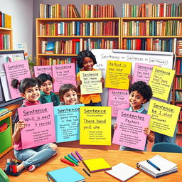 An artistic representation showcasing various sentence patterns in a creative classroom setting