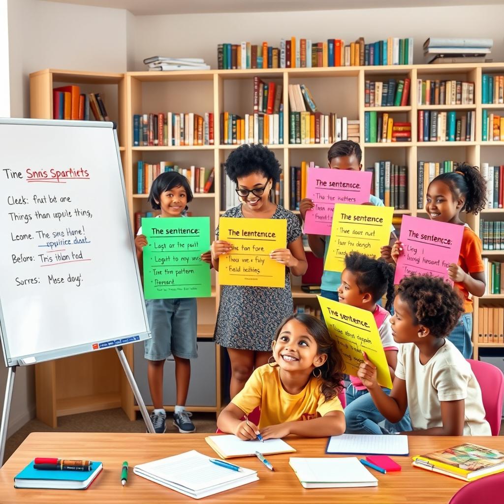 An artistic representation showcasing various sentence patterns in a creative classroom setting
