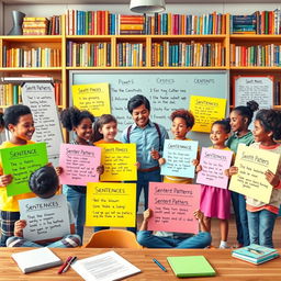 An artistic representation showcasing various sentence patterns in a creative classroom setting