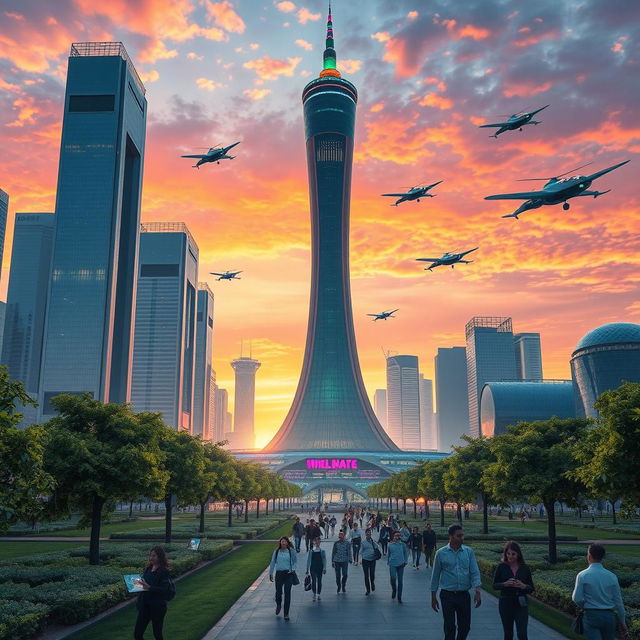 A futuristic vision of Milad Tower in Tehran, Iran, set one hundred years in the future