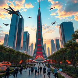 A futuristic vision of Milad Tower in Tehran, Iran, set one hundred years in the future