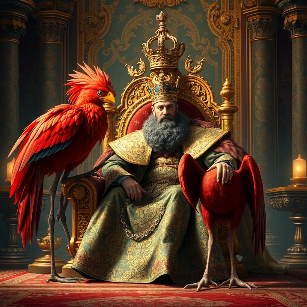 A majestic scene depicting a king seated on a grand throne within his opulent palace, surrounded by luxurious decor and intricate tapestries