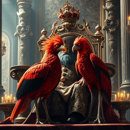 A majestic scene depicting a king seated on a grand throne within his opulent palace, surrounded by luxurious decor and intricate tapestries
