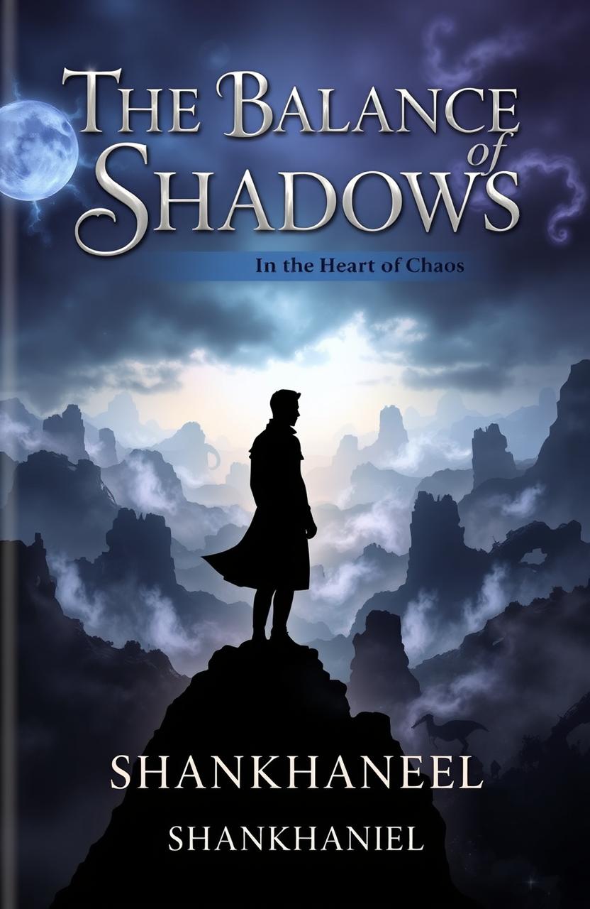 A captivating book cover design for 'The Balance of Shadows', featuring a mystical and atmospheric landscape that symbolizes the balance between light and darkness