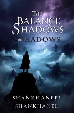 A captivating book cover design for 'The Balance of Shadows', featuring a mystical and atmospheric landscape that symbolizes the balance between light and darkness