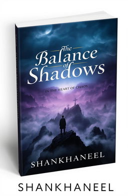 A captivating book cover design for 'The Balance of Shadows', featuring a mystical and atmospheric landscape that symbolizes the balance between light and darkness