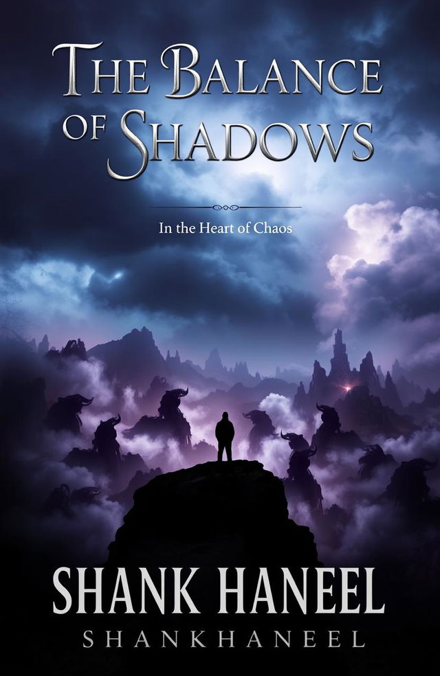 A captivating book cover design for 'The Balance of Shadows', featuring a mystical and atmospheric landscape that symbolizes the balance between light and darkness