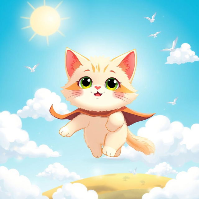 A whimsical and colorful illustration of a cute cat flying through a clear blue sky, with fluffy white clouds