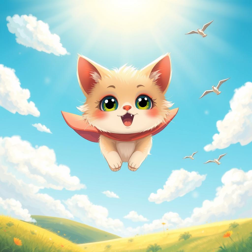 A whimsical and colorful illustration of a cute cat flying through a clear blue sky, with fluffy white clouds