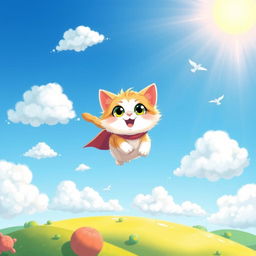 A whimsical and colorful illustration of a cute cat flying through a clear blue sky, with fluffy white clouds
