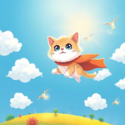 A whimsical and colorful illustration of a cute cat flying through a clear blue sky, with fluffy white clouds
