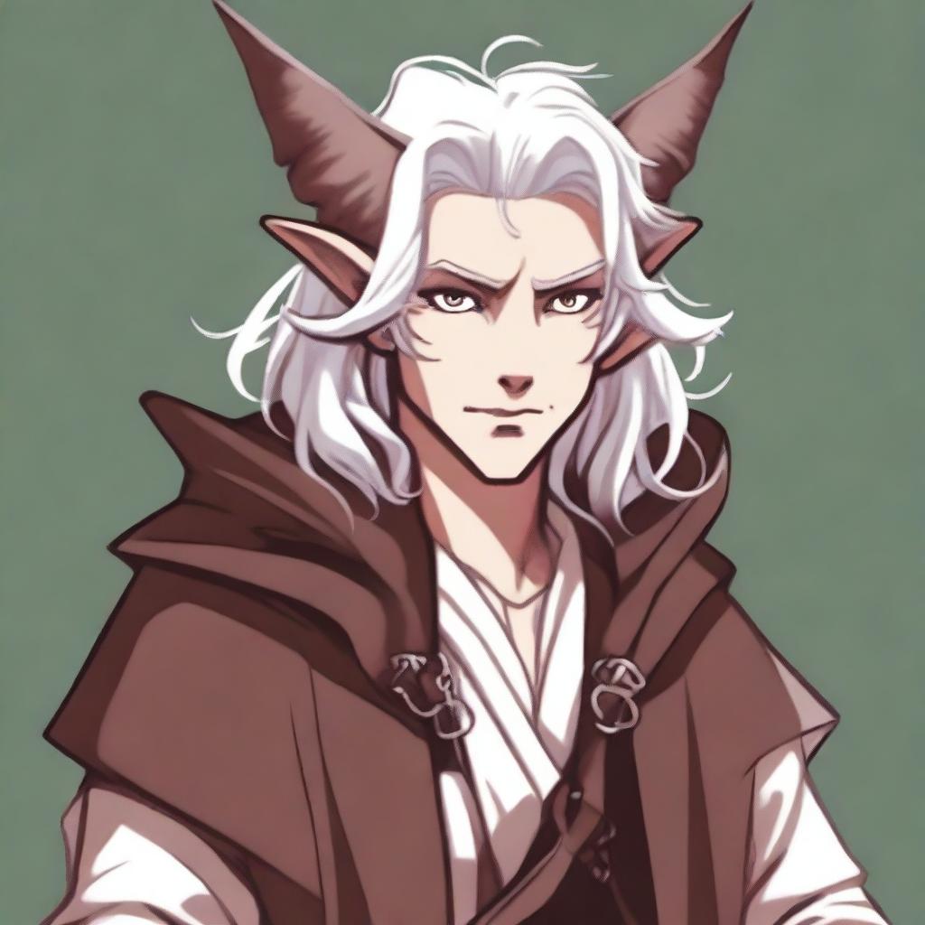 This is an image of a youthful tiefling character with medium-length, fluffy white hair styled half up, half down with curtain bangs