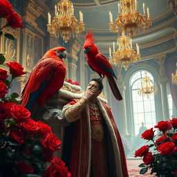 A majestic scene of a king in a grand palace, adorned with beautiful red roses that surround him