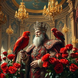 A majestic scene of a king in a grand palace, adorned with beautiful red roses that surround him