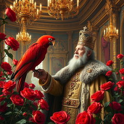 A majestic scene of a king in a grand palace, adorned with beautiful red roses that surround him