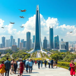 The Milad Tower situated in Tehran, Iran, envisioned in a futuristic setting 100 years in the future