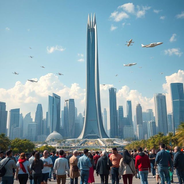 The Milad Tower situated in Tehran, Iran, envisioned in a futuristic setting 100 years in the future